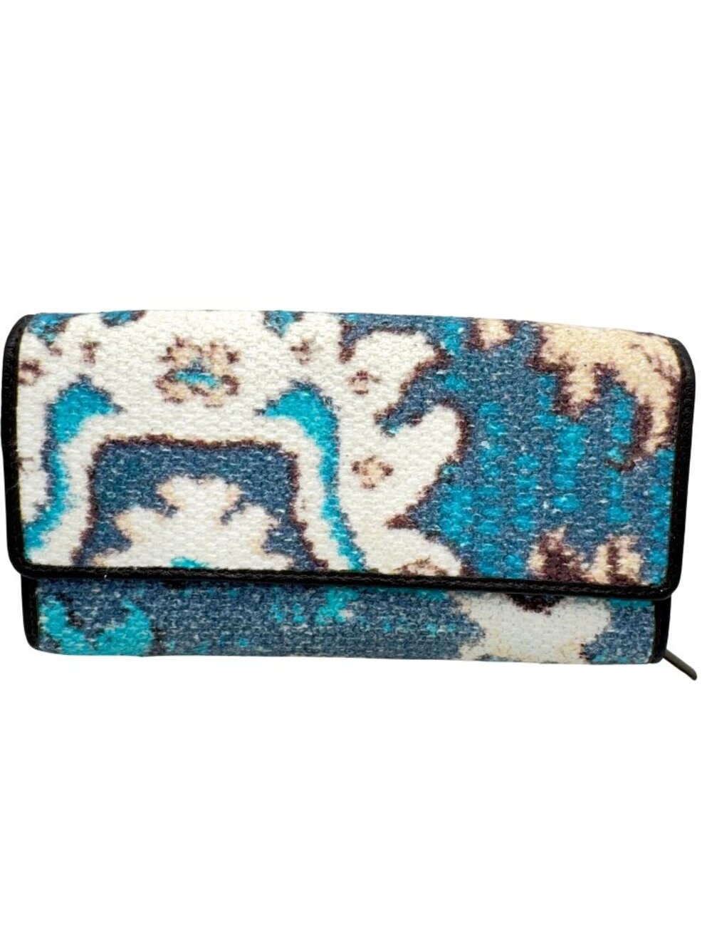 Myra Bag Blue Cream Patterned Carpet Wallet Snap Closure Compact Design 8" x 4"
